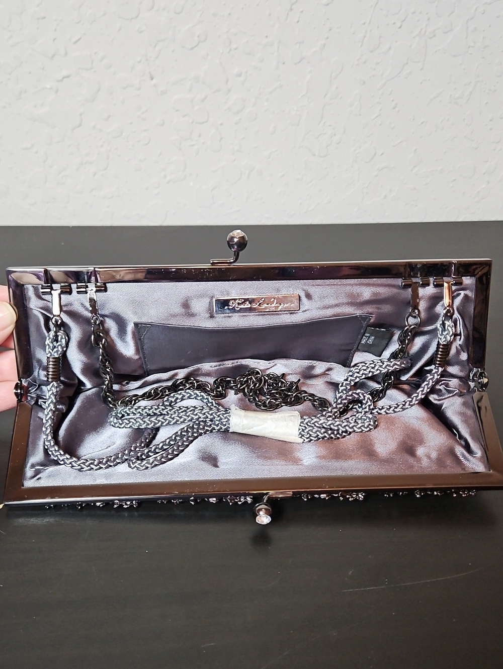Kate Landry Evening Clutch, Pleated Fabric,Metallic Pewter - Picture 10 of 12